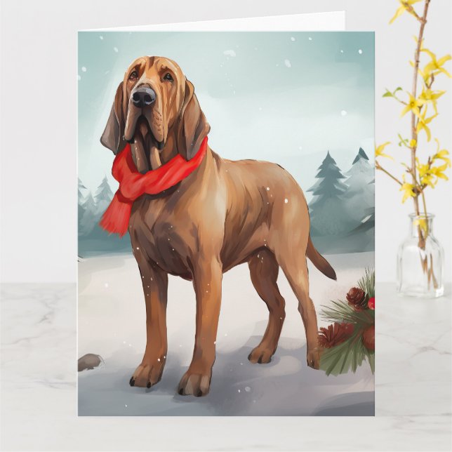Bloodhound Hund i Snö jul Kort (Gul blomma)