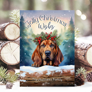 Bloodhound Hund i Snowy Forest Jolly-jul Julkort