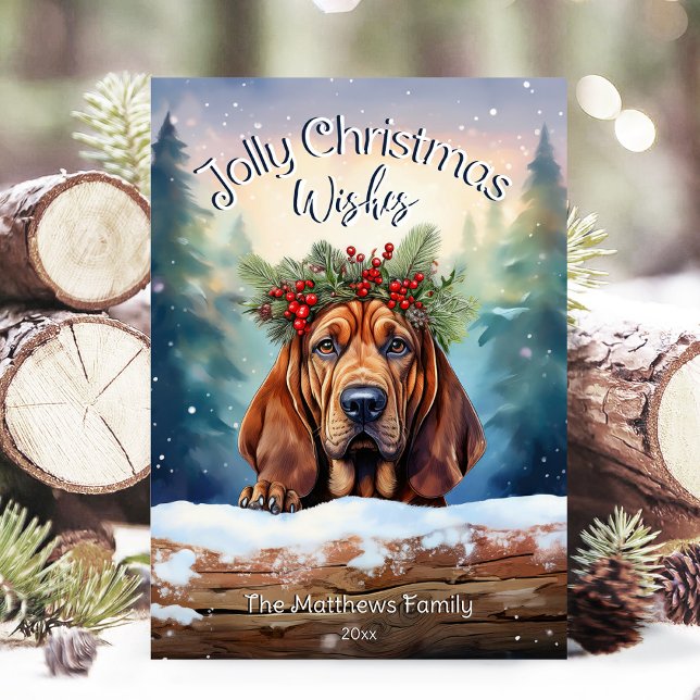Bloodhound Hund i Snowy Forest Jolly-jul Julkort (Adorable Winter Snowy Scene With Peeking Dogs or Farm/Woodland Animals - Over 50 to Choose From!)