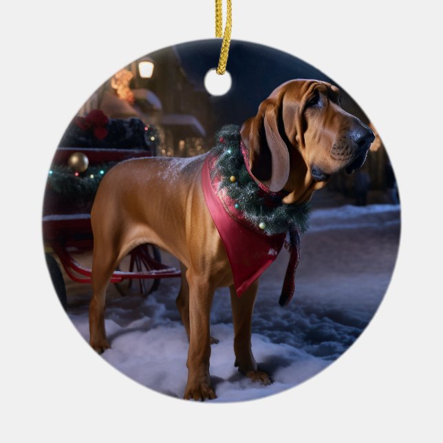 Bloodhound Julfirande Säsong Julgransprydnad Keramik (Framsidan)