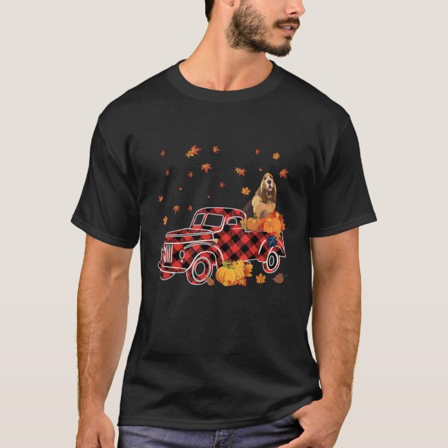 Bloodhound Riding Leopard Plaid Truck Thanksgiving T Shirt (Framsida)
