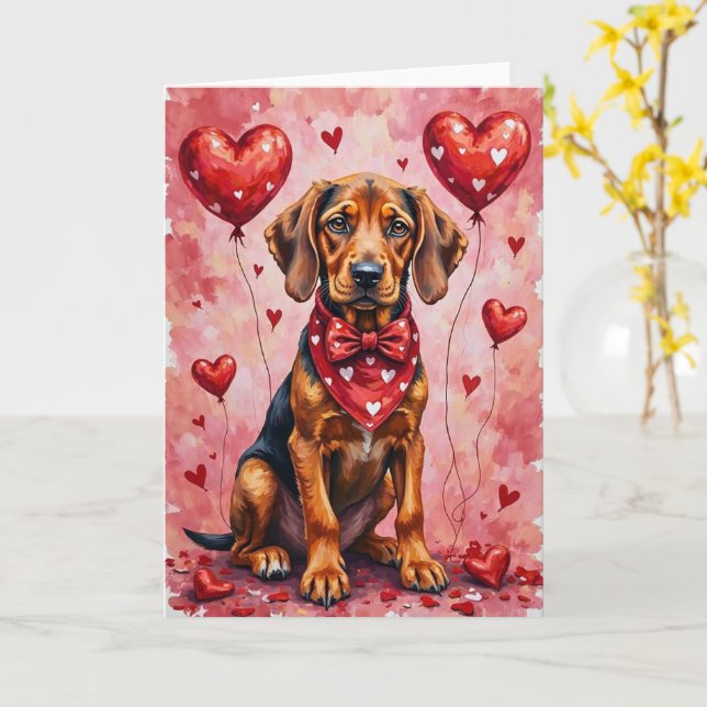 Bloodhound Valentine Dog Sitting with Hearts Red Kort (Gul blomma)