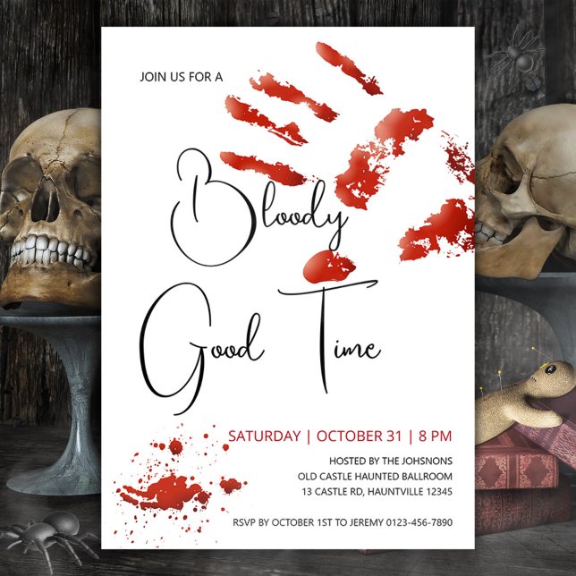 Bloody Bra Time Halloween-inbjudan, Bloody Hand Inbjudningar (Bloody good time Halloween invitation with bloody handprint invite blood splatter)