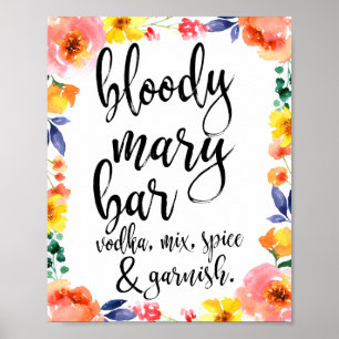 Bloody Mary Bar Blommig Akvarell 8x10 Skylt