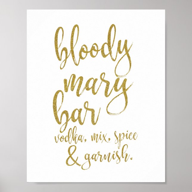 Bloody Mary Bar Guld Glitter 8x10 Bröllopsskylt Poster (Framsidan)