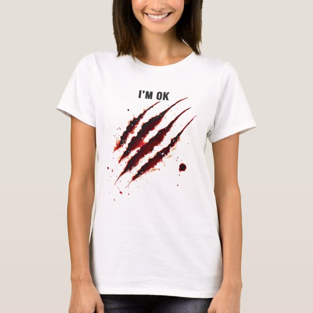 Bloody Shirt Jag är okej Blood Splatter Rippad Fun T (Framsida)