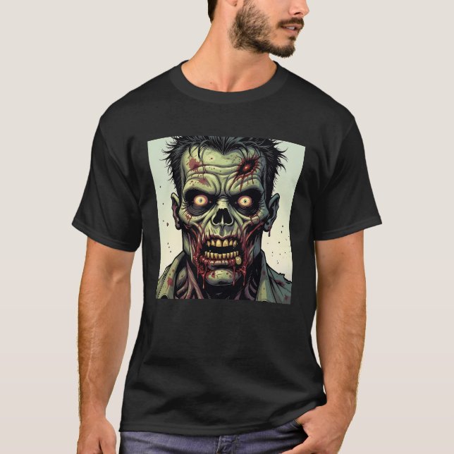 Bloody Zombie Ansikte Tecknad Pop Art Halloween T Shirt (Framsida)