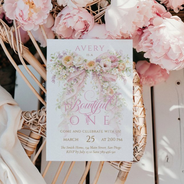 Bloom Blommig Båg Flicka Första Födelsedag Inbjudningar (Skapare uppladdad)