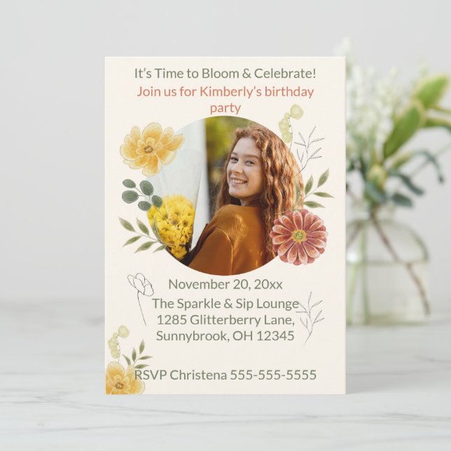 Bloom & Celebrate Floral Birthday Party Invitation Inbjudningar (Stående Fram)
