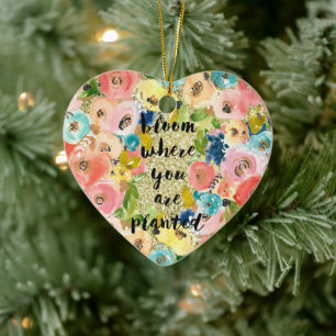 Bloom där du är planerad Guld Glitter Blommigt Julgransprydnad Keramik