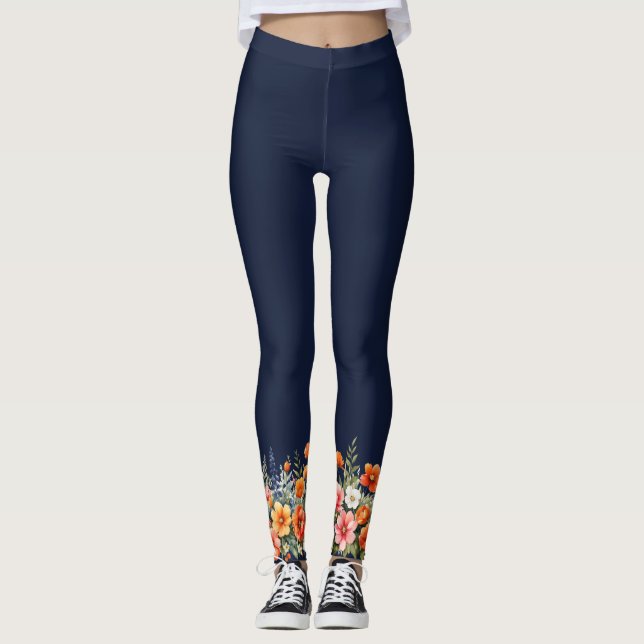 Bloom där du är planerad, marin blå Blommigt Leggings (Framsida)