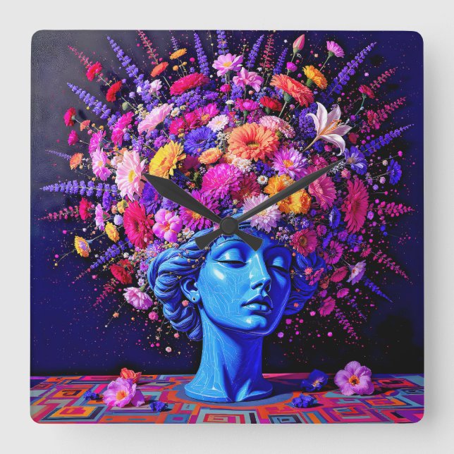 "Bloom Eternity" - En färgstark surreal Porträtt Fyrkantig Klocka (Framsida)