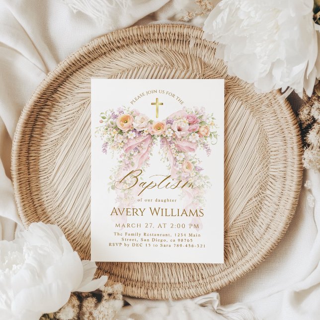 Bloom Floral Bow Girl Baptism Inbjudningar (Skapare uppladdad)