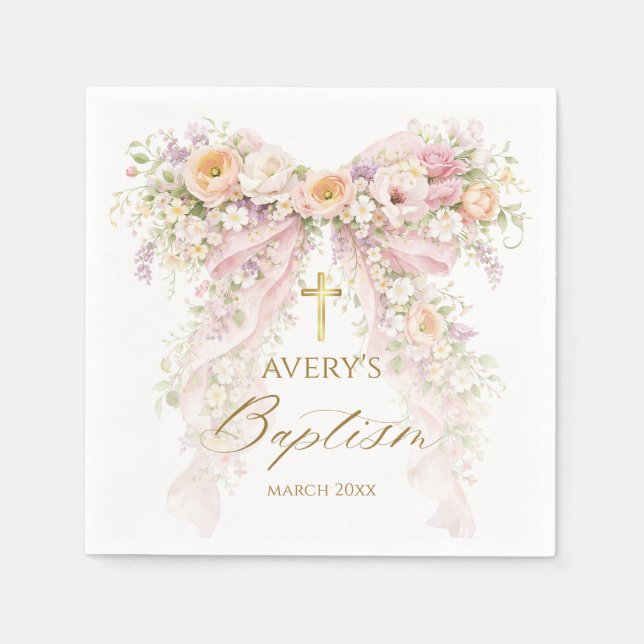 Bloom Floral Bow Girl Baptism Pappersservett (Framsidan)