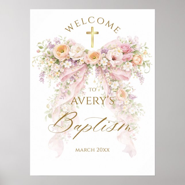Bloom Floral Bow Girl Baptism Poster (Framsidan)