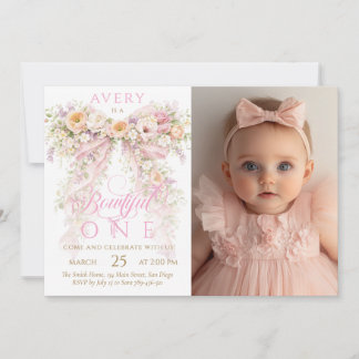 Bloom Floral Bow Girl Photo First Birthday Inbjudningar
