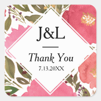 Bloom Flowers Monogram Bröllop Fyrkantigt Klistermärke