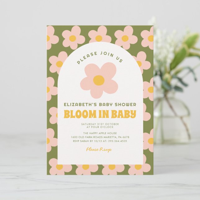 Bloom i baby Grönt rosa Groovy babydusch Inbjudningar (Skapare uppladdad)