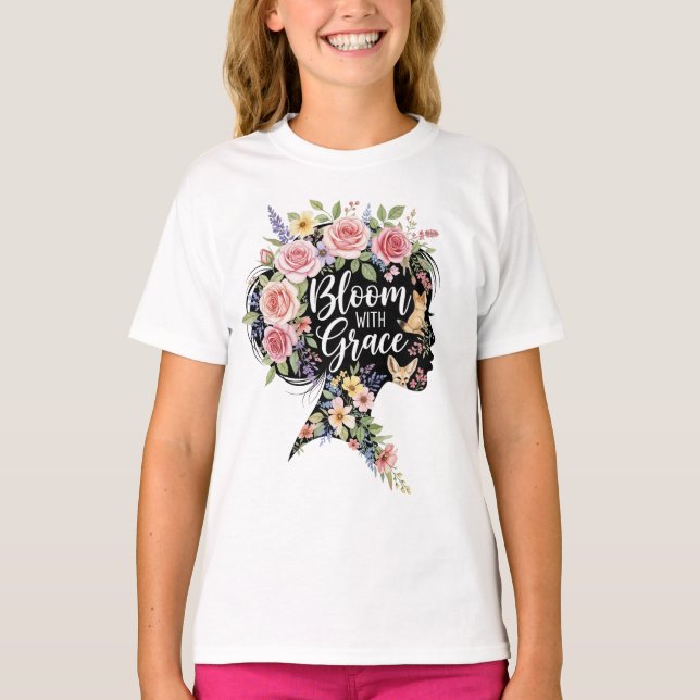Bloom med Grace Elegant Blommigt inspirationskonst T Shirt (Framsida)