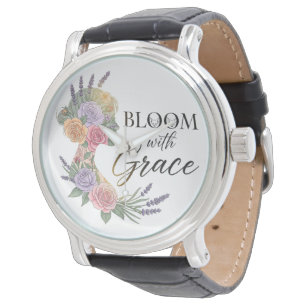 Bloom med Grace Elegant Blommigt Woman Silhouette Armbandsur