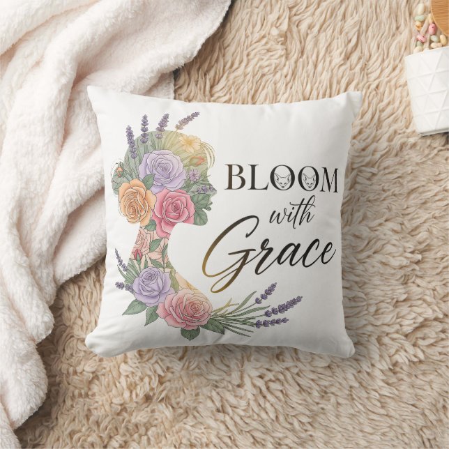 Bloom med Grace Elegant Blommigt Woman Silhouette Kudde (Filt)