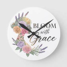 Bloom med Grace Elegant Blommigt Woman Silhouette Rund Klocka