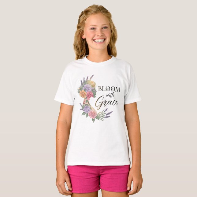 Bloom med Grace Elegant Blommigt Woman Silhouette T Shirt (Hel framsida)