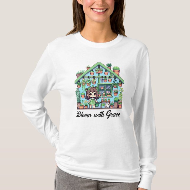 Bloom med Grace | Kawaii Girl with Plants T Shirt (Framsida)