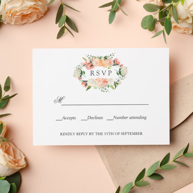 Bloom Peach Rosa Botanical BRÖLLOP OSA Kort (Elegant resp card with serif font and peach pink peony flowers and leaves. Rustic chic floral)