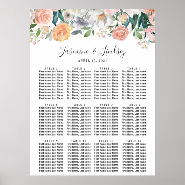 Bloom Ro Peonies Blommigt Bröllop Sittdiagram för  Poster (Framsidan)