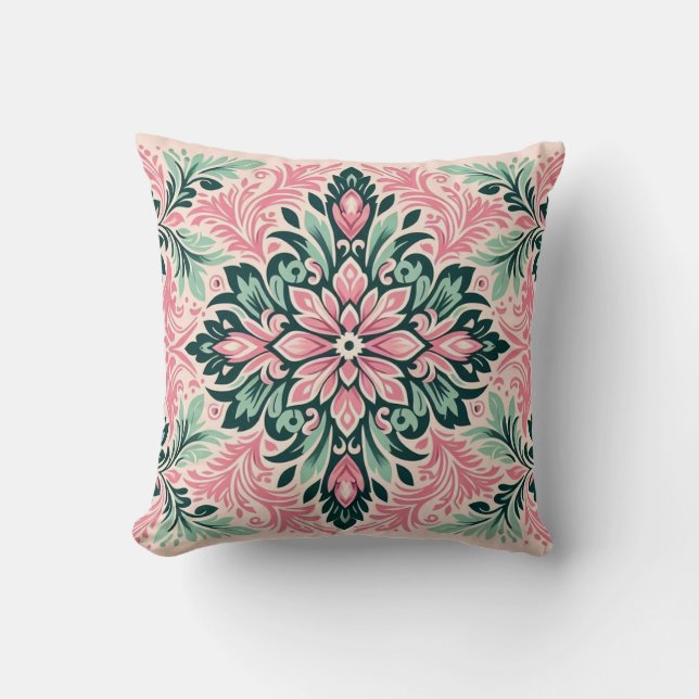  & Bloom: Rosa och Mint Damask Cushion Kudde (Framsida)