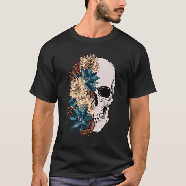 Bloom Skull Blommigt Skull Boho Flower Skull Skele T Shirt (Framsida)