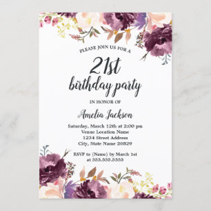 Bloom Watercolor Lila Blommig 21-årsfest Inbjudningar