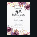 Bloom Watercolor Lila Blommigt 40:e födelsedagen P Inbjudningar<br><div class="desc">Mer söt Blommigt Birthday Bjud i Little Bayleigh Store!</div>