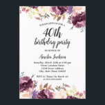 Bloom Watercolor Lila Blommigt 40:e födelsedagen P Inbjudningar<br><div class="desc">Mer söt Blommigt Birthday Bjud i Little Bayleigh Store!</div>