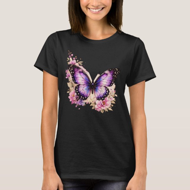 Bloom With Grace Fjäril Blommig Kvinnor T-Shirt |  (Framsida)