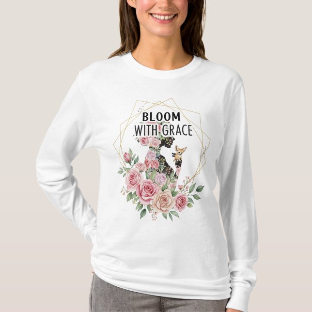 Bloom with Grace - Modern Blommigt Woman Silhouett T Shirt (Framsida)