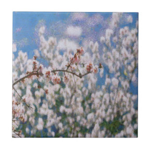 Blooming Almond Träd Pointillism Artwork Kakelplatta