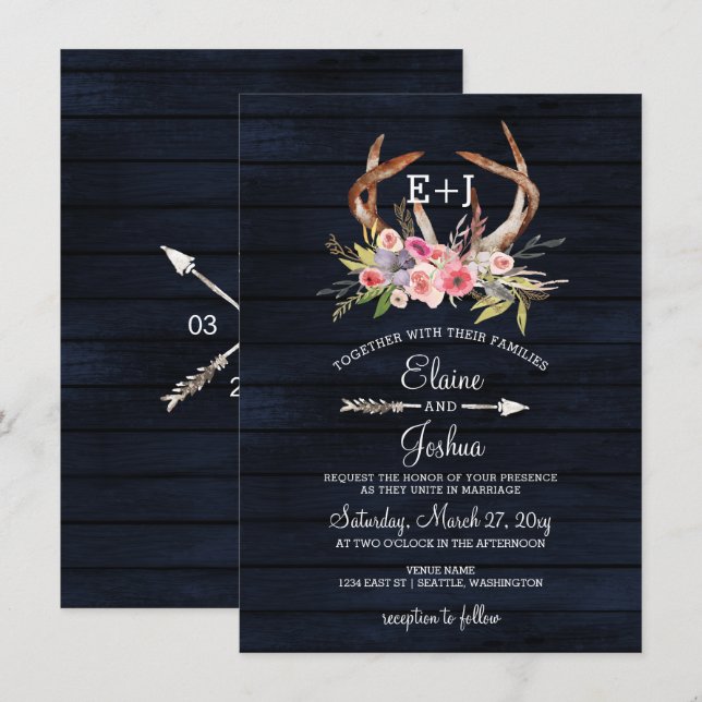 Blooming Antlers Land Chic Bröllop Inbjudningar (Fram/baksida)