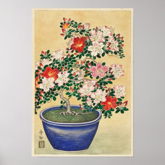 Blooming Azalea in Blue Pot by Ohara Koson Poster (Framsidan)