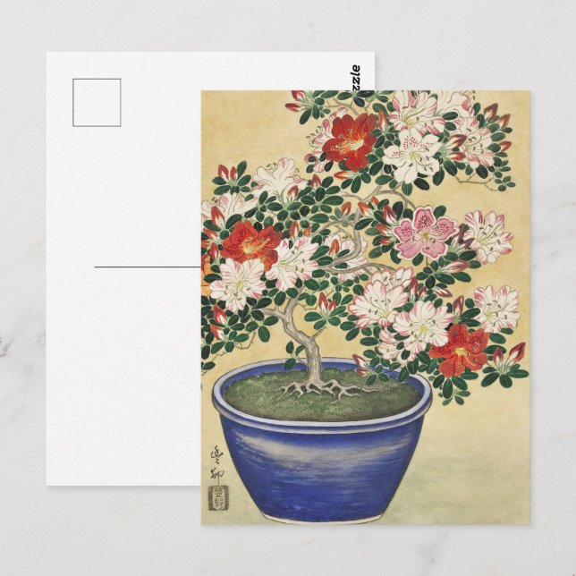 Blooming Azalea in Blue Pot Janpanese Flower Art Vykort (Fram/baksida)