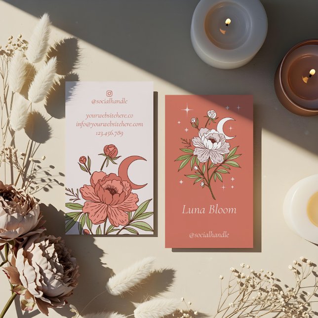 Blooming Blommigt Peony Celestial Holistic Måne Visitkort (Blooming Floral Peony Celestial Holistic Moon Business Card)