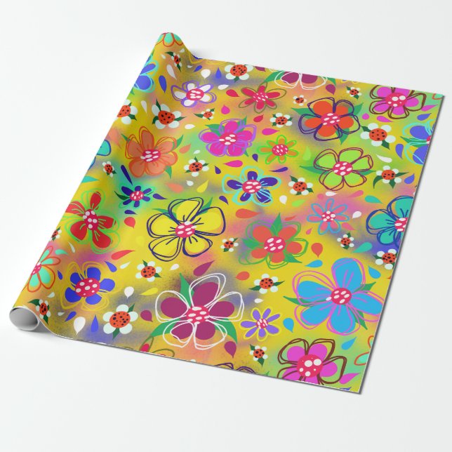 Blooming Boho Flowers on Gult Cute Presentpapper (Utrullad)