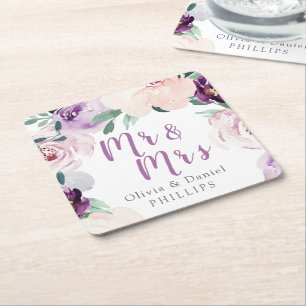Blooming botanical lila blommigt Mr & Mrs. Underlägg Papper Kvadrat