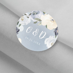 Blooming botaniskt dammigt blått Bröllop monogram Runt Klistermärke