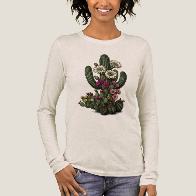 Blooming Cactus Botanical Art T Shirt (Framsida)