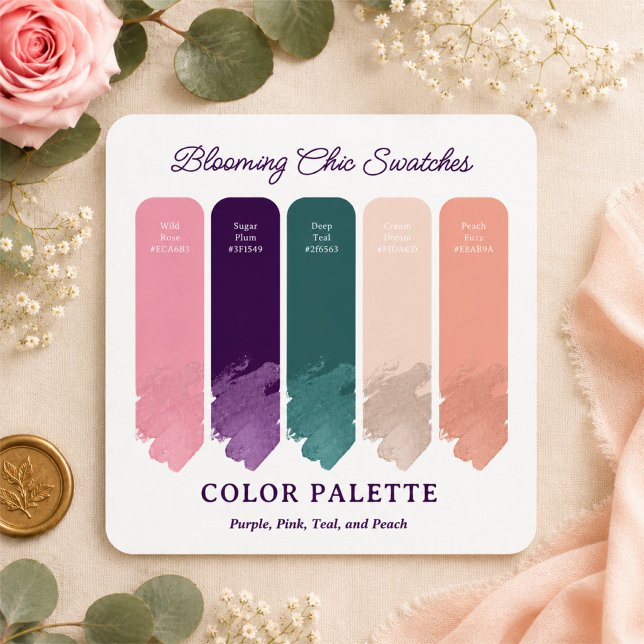 Blooming Chic • Bröllopspalettkort med blommotiv Inbjudningar (The blooming chic color palette: wild rose, sugar plum, deep teal, and more.)