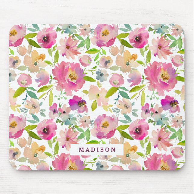Blooming Chic Mint & Blush Pink Floral Monogram Musmatta (Framsidan)