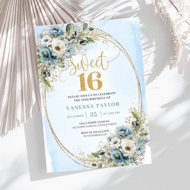 Blooming Dusty Blue Floral Sweet Sixteen Birthday  Inbjudningar (Blooming Dusty Blue Floral Sweet Sixteen Birthday Invitation

)