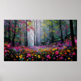 Blooming Flowers and Tall Trees in Peaceful Forest Poster